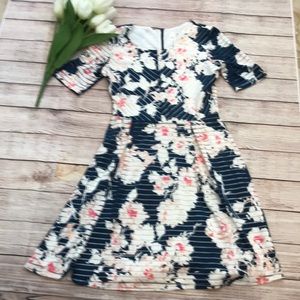 NYCollection Blue scoop neck rose print midi dress, petite XS